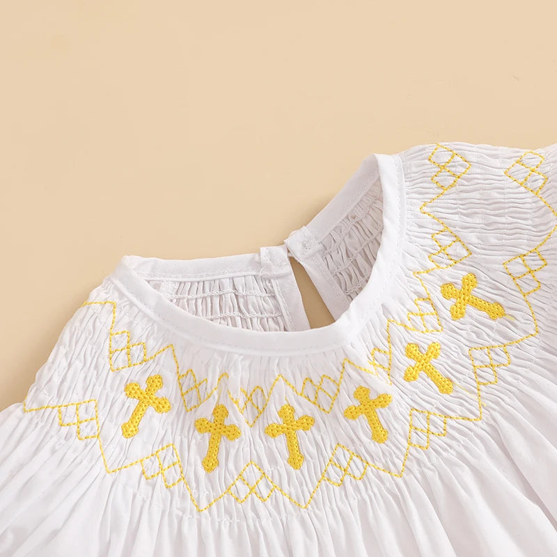 Toddler Girl Floral Print Ruffle Sleeve Round Neck A-Line Dress Baby Casual Dress with Bow Detail and Embroidery