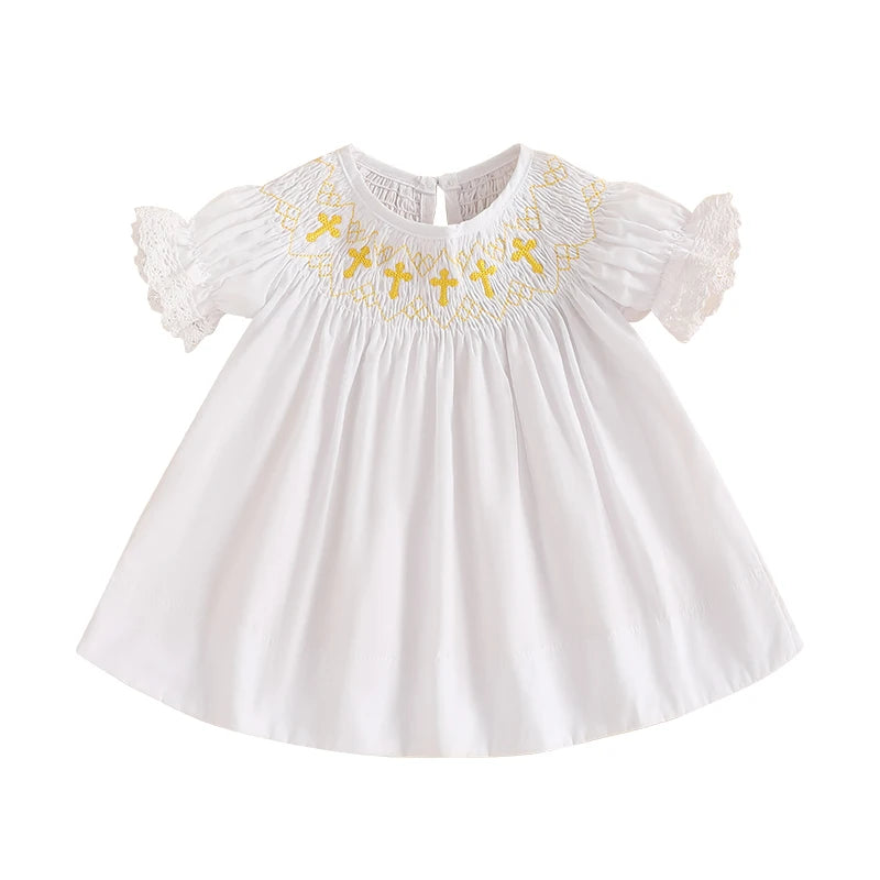Toddler Girl Floral Print Ruffle Sleeve Round Neck A-Line Dress Baby Casual Dress with Bow Detail and Embroidery