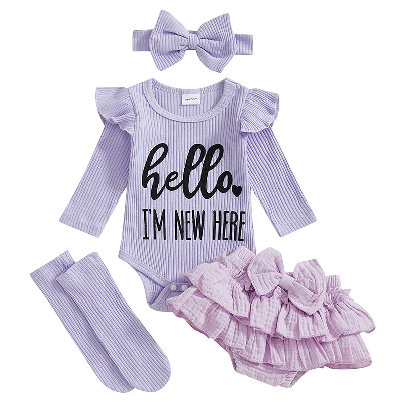 Adorable Baby Girls 4-Piece Set with Letter Print Romper Ruffles Layered Skorts Headband and Socks for a Cute Look