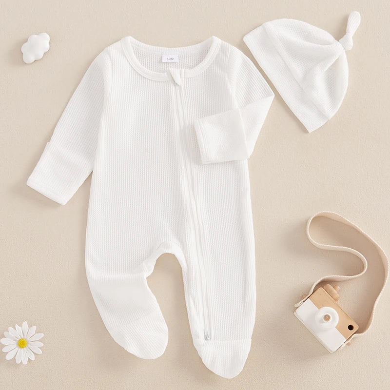 Infant Winter Warm Romper Solid Color Fleece Long Sleeve Hooded Zipper Jumpsuit with Mittens and Booties