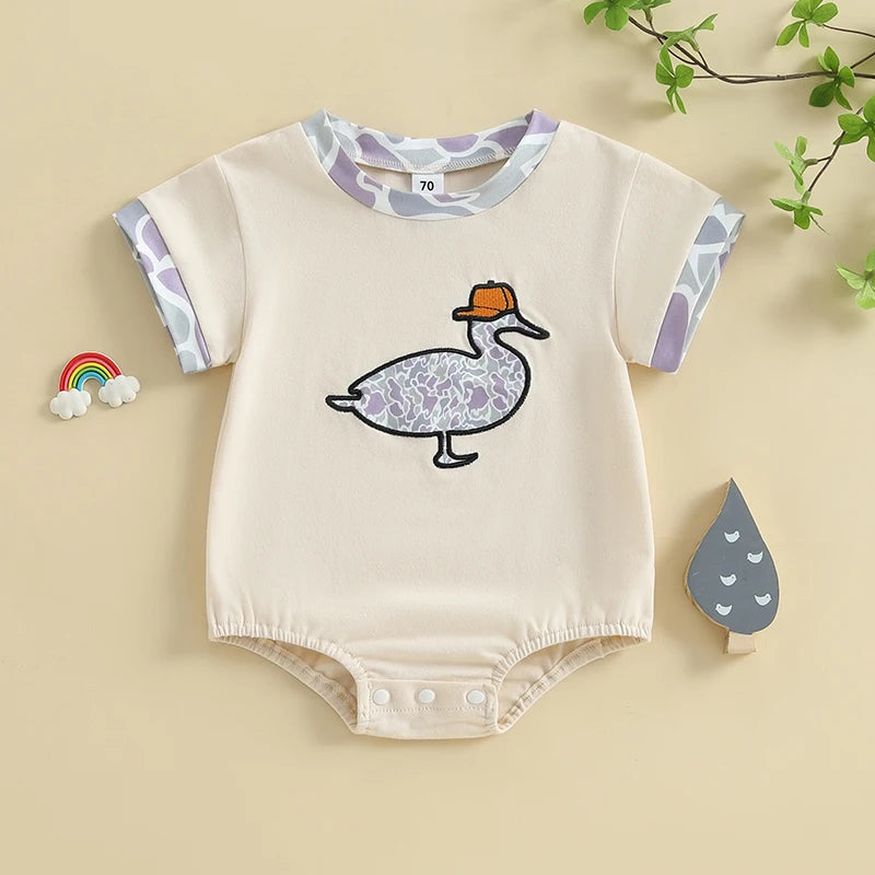 Cute Baby Boys Rompers with Bear Print and Button Closure Round Neck Short Sleeve Infant Bodysuits Jumpsuits