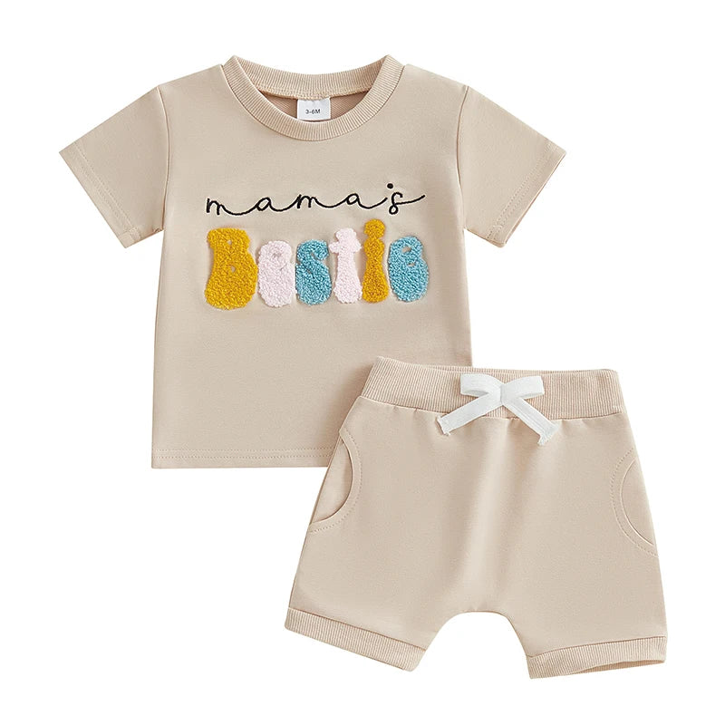 Adorable Toddler Girls Summer Outfit with Embroidered Letters Short Sleeve T-Shirt and Elastic Shorts - 2 Piece Set for a