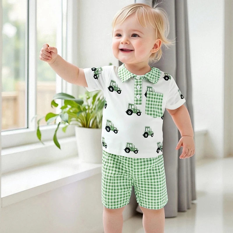 Adorable Infant Boy s Summer Ensemble featuring Cute Golf Print and Plaid Design Short Sleeve Shirt with Matching Shorts 2