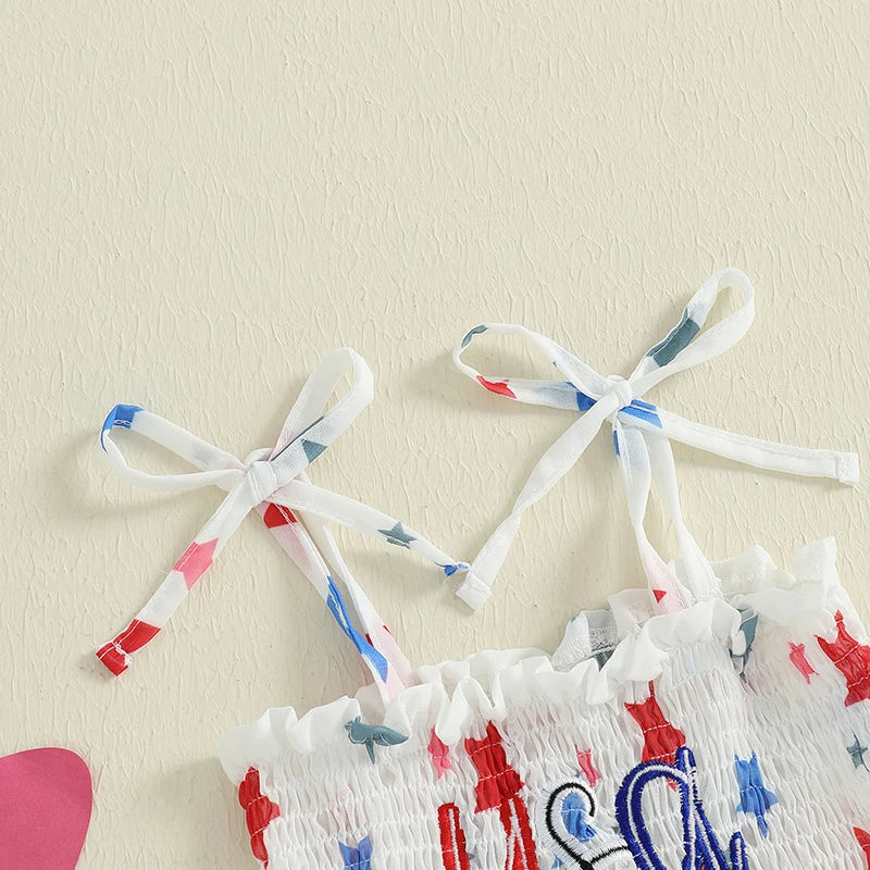 Adorable Baby Girls American Flag Dress Sleeveless Star Print Patriotic Dress with Tie-up Straps and Embroidered Letters for