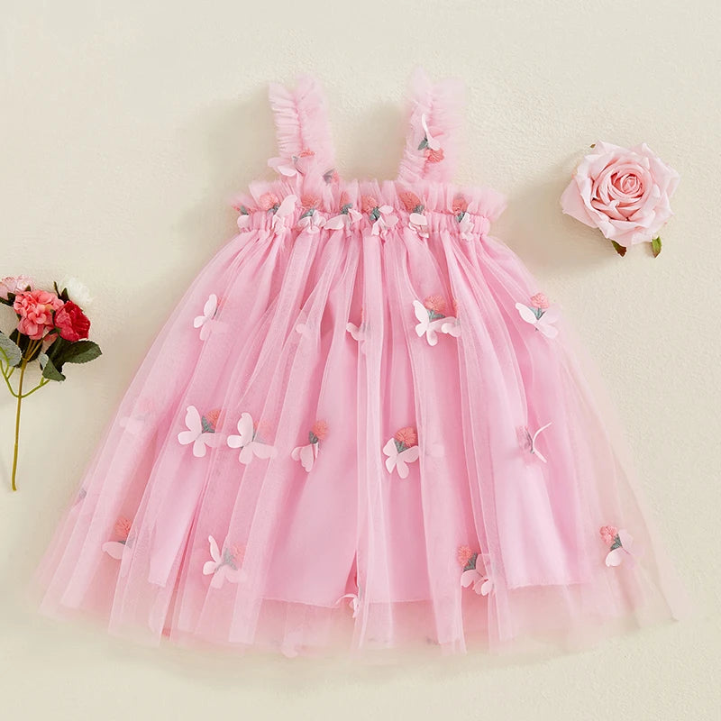 Girls Sleeveless Floral Embroidered Tulle Princess Dress with Butterfly Detail - A-Line Summer Slip Dress for Toddlers