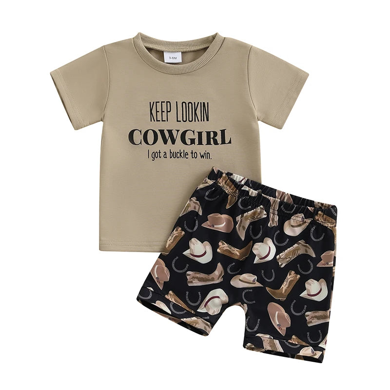 Toddler Boys Cowboy Style Clothing Set with Graphic Tee and Printed Shorts Complete Outfit with Boots and Cap for Western