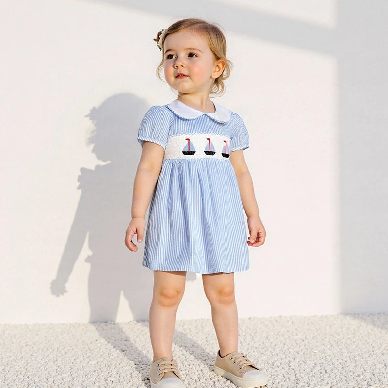 Child Girl Summer Striped A-Line Dress with Doll Collar Short Sleeves and Nautical Embroidery Detail