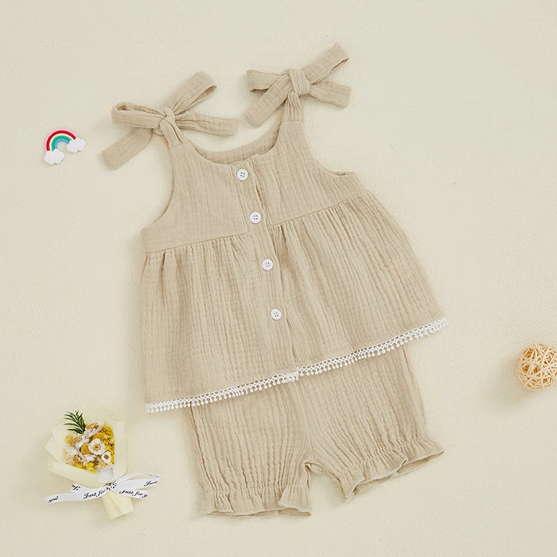 Adorable Toddler Girls Sleeveless Top and Ruffled Shorts Set with Tie-Up Straps and Button Detail - Stylish Summer Outfit