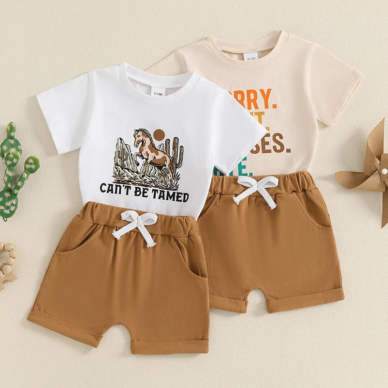 Toddler Boys Casual Summer Outfits Dinosaur Striped Print Short Sleeves T-Shirt and Elastic Shorts Set for 2 Piece Clothing