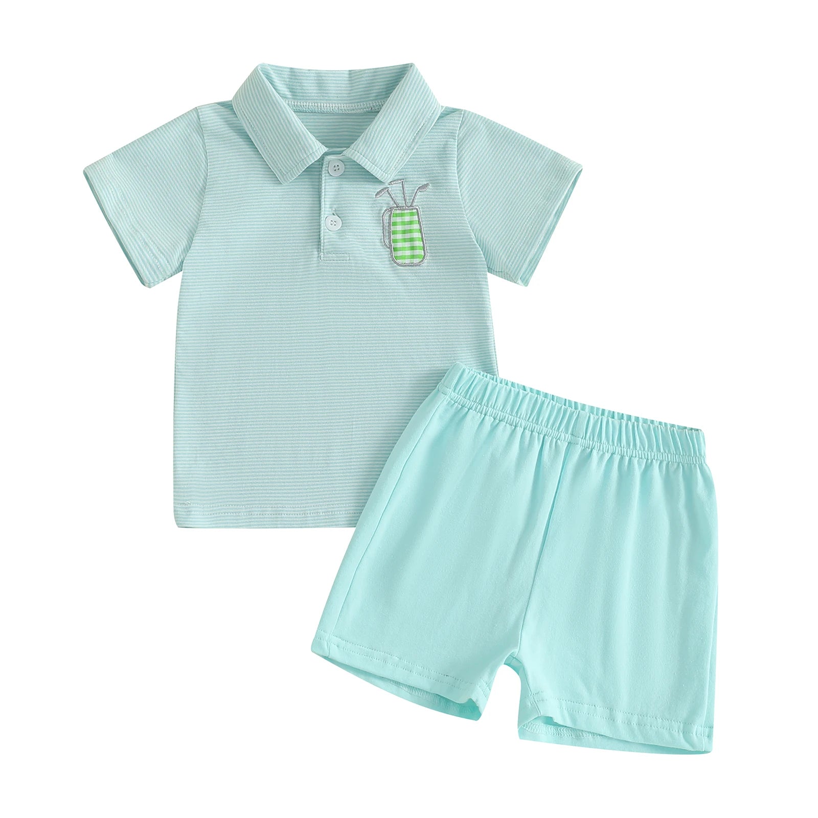 Adorable Infant Boy Golf Attire with Striped Collared Shirt and Elastic Waist Shorts - 2 Piece Summer Ensemble