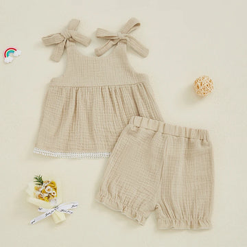 Adorable Toddler Girls Sleeveless Top and Ruffled Shorts Set with Tie-Up Straps and Button Detail - Stylish Summer Outfit