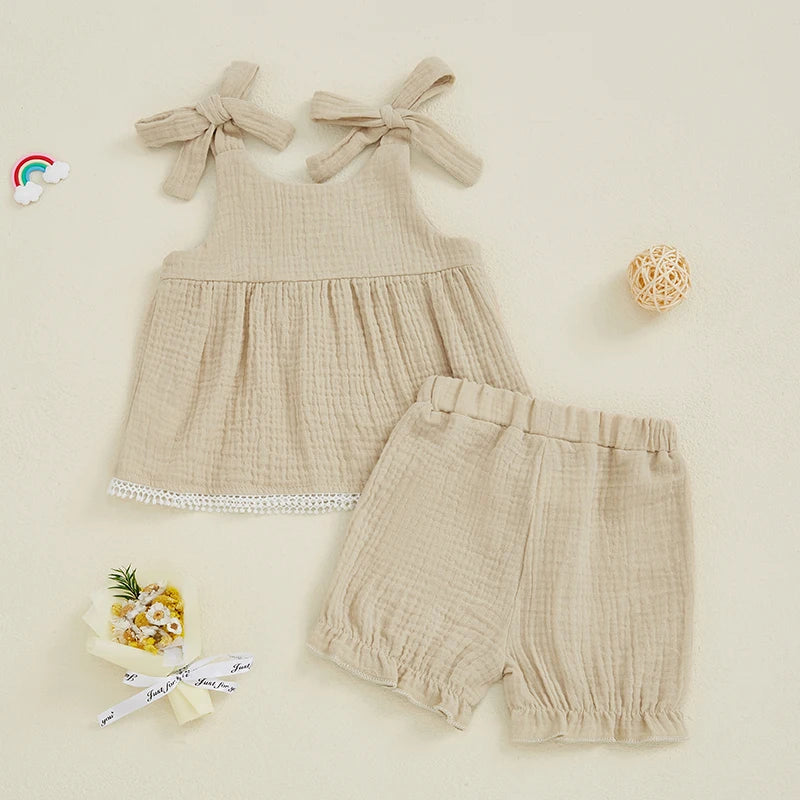 Adorable Toddler Girls Sleeveless Top and Ruffled Shorts Set with Tie-Up Straps and Button Detail - Stylish Summer Outfit