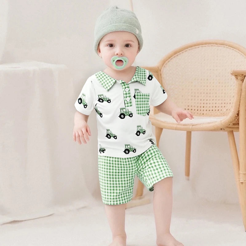 Adorable Infant Boy s Summer Ensemble featuring Cute Golf Print and Plaid Design Short Sleeve Shirt with Matching Shorts 2