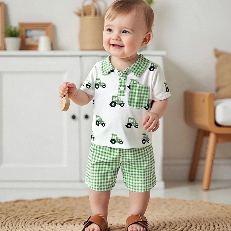 Adorable Infant Boy s Summer Ensemble featuring Cute Golf Print and Plaid Design Short Sleeve Shirt with Matching Shorts 2