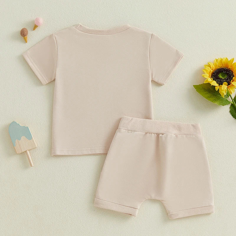 Adorable Toddler Girls Summer Outfit with Embroidered Letters Short Sleeve T-Shirt and Elastic Shorts - 2 Piece Set for a