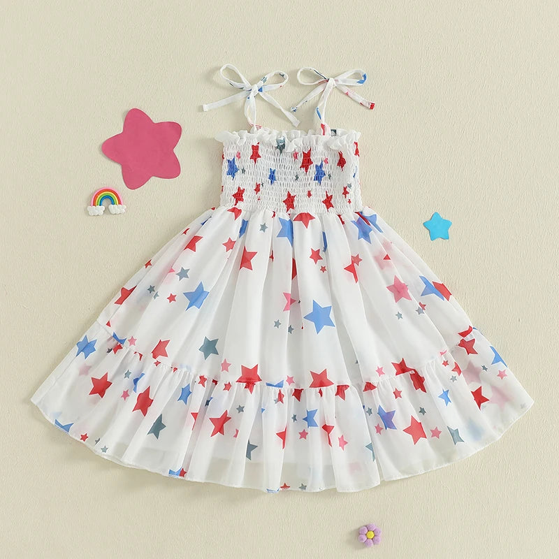 Adorable Baby Girls American Flag Dress Sleeveless Star Print Patriotic Dress with Tie-up Straps and Embroidered Letters for