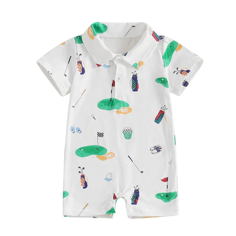 Infant Unisex Golf  with Half Button-up Lapel Neck and Short Sleeves Adorable Summer Romper for Baby Boy or Girl