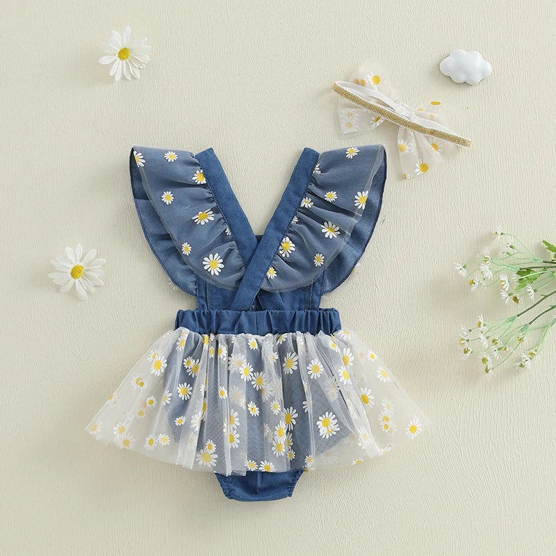 Toddler Girls Floral Print Sleeveless Romper Dress with Matching Headband Set for Summer Outfits and Photoshoots