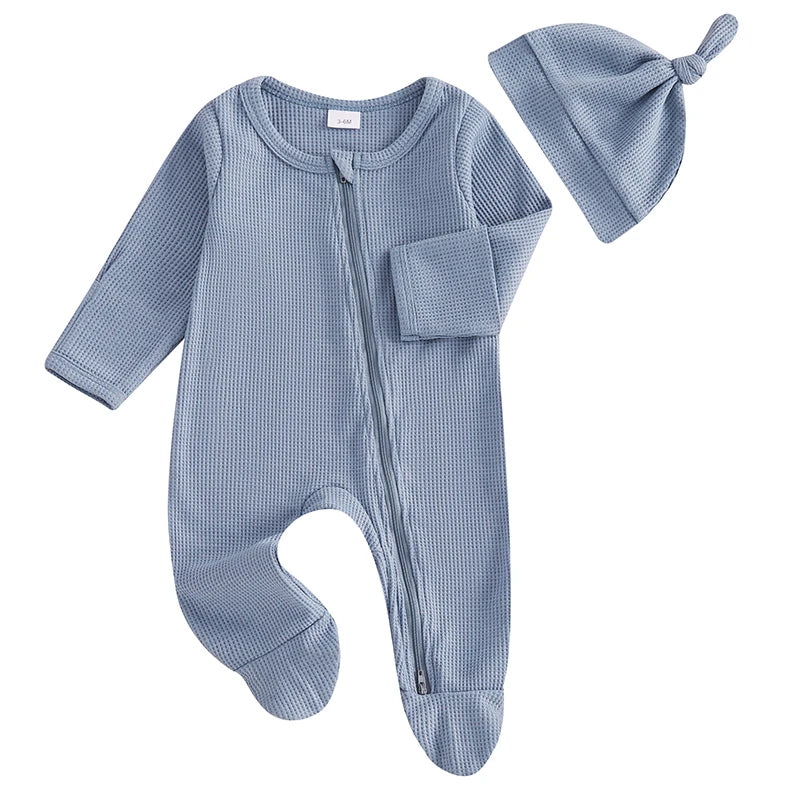 Infant Winter Warm Romper Solid Color Fleece Long Sleeve Hooded Zipper Jumpsuit with Mittens and Booties