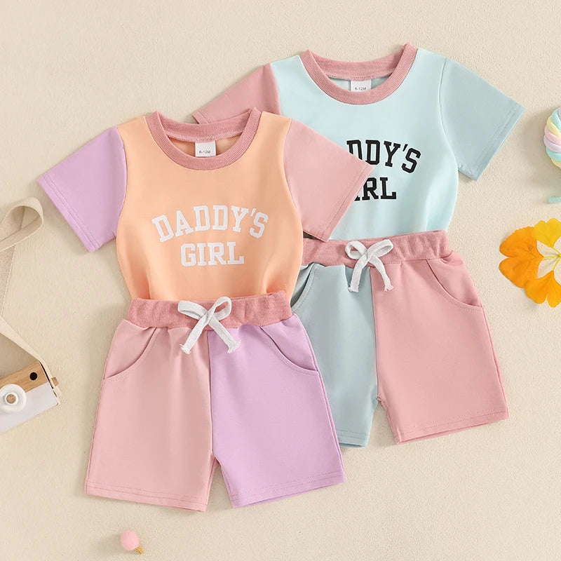Infant Girl Summer Outfit Set with Cute Letter Print T-shirt and Elastic Waist Shorts for Toddler Girls - 2 Piece Contrast