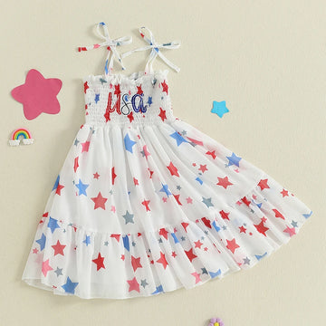 Adorable Baby Girls American Flag Dress Sleeveless Star Print Patriotic Dress with Tie-up Straps and Embroidered Letters for