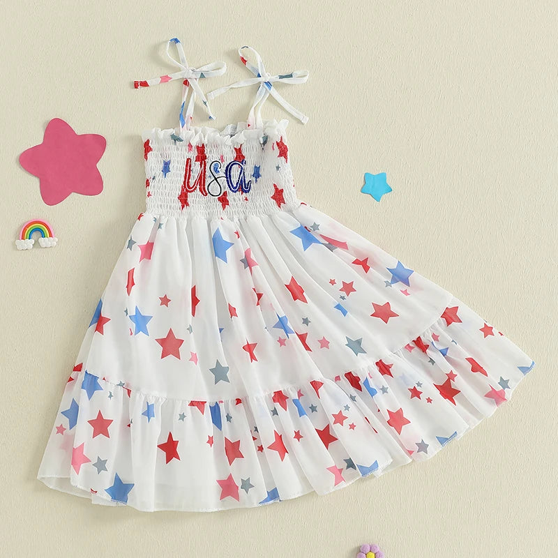 Adorable Baby Girls American Flag Dress Sleeveless Star Print Patriotic Dress with Tie-up Straps and Embroidered Letters for