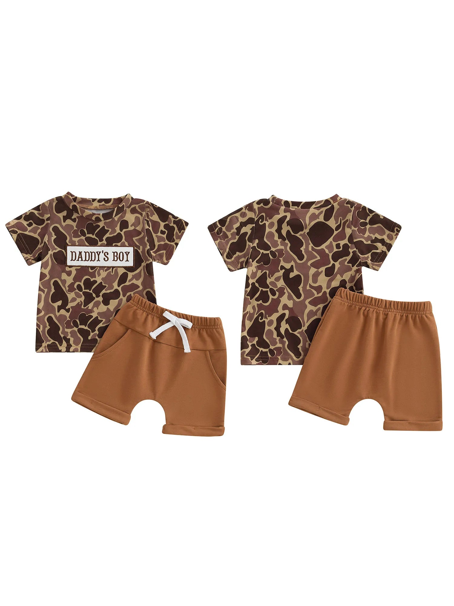Boys Summer Outfit Set with Short Sleeve Camouflage Top and Drawstring Shorts O Neck Design for Comfort and Style