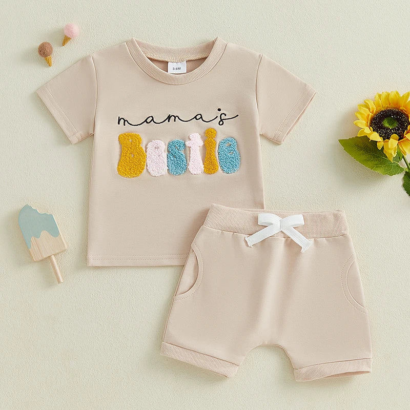 Adorable Toddler Girls Summer Outfit with Embroidered Letters Short Sleeve T-Shirt and Elastic Shorts - 2 Piece Set for a