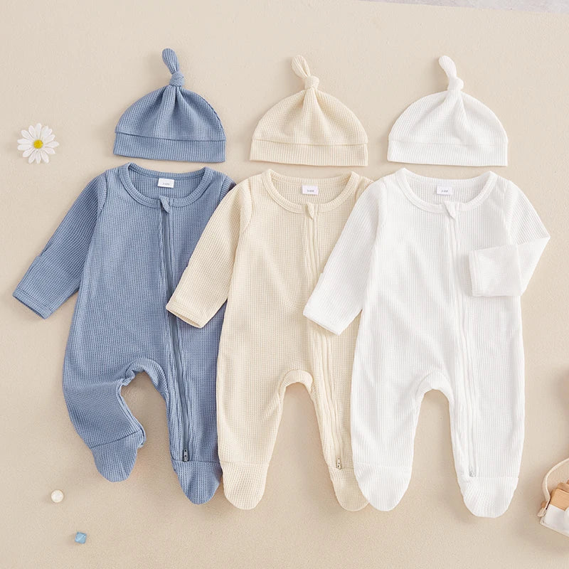 Infant Winter Warm Romper Solid Color Fleece Long Sleeve Hooded Zipper Jumpsuit with Mittens and Booties