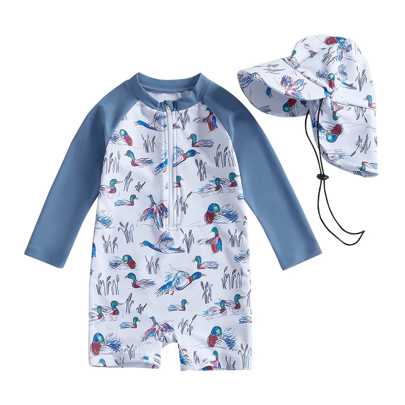 Baby Rash Guard Swimsuit with Hat 2 Pcs Set Floral Print Zip Up Long Sleeve Crew Neck Toddler Girls Swimwears