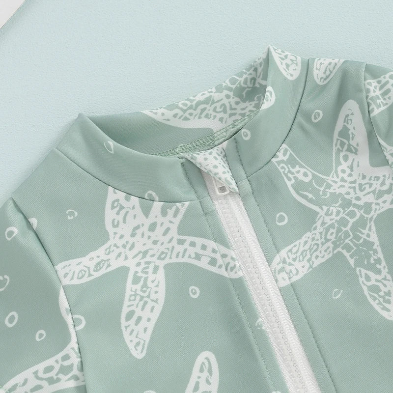 Baby Girls  Swimsuit Sun Protection Long Sleeve Zipper Rash Guard Swimwear with Cute Mermaid Print