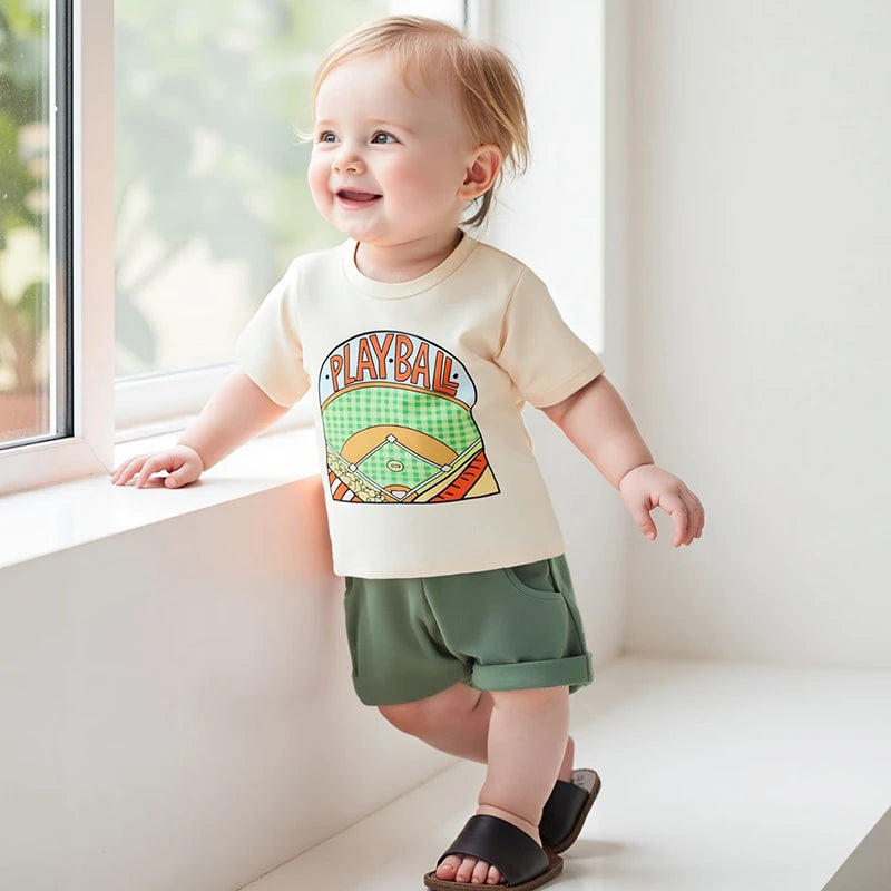 Boys Summer Outfit Set with Short Sleeve O Neck Pattern Print Top and Solid Color Shorts for a Stylish Look
