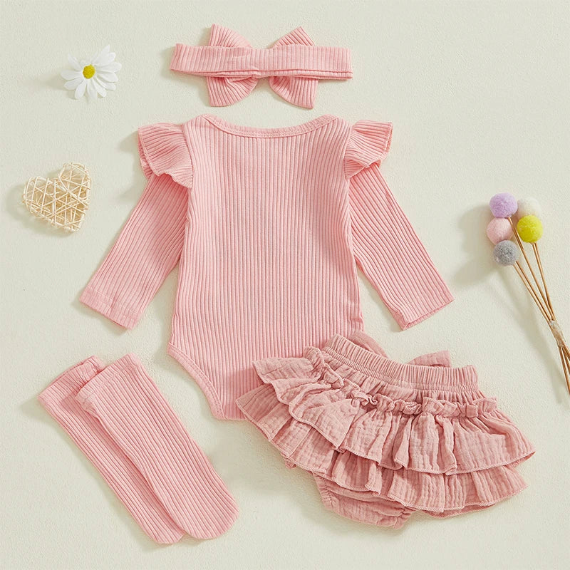 Adorable Baby Girls 4-Piece Set with Letter Print Romper Ruffles Layered Skorts Headband and Socks for a Cute Look