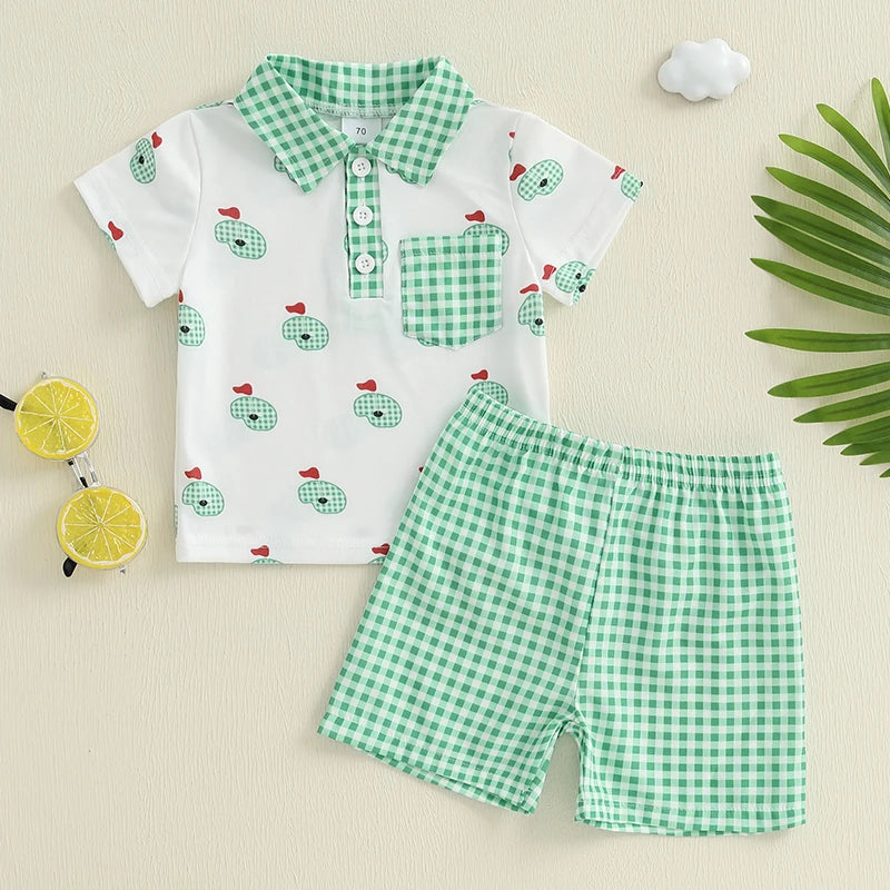 Adorable Infant Boy s Summer Ensemble featuring Cute Golf Print and Plaid Design Short Sleeve Shirt with Matching Shorts 2