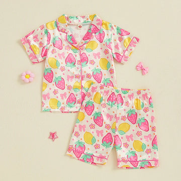Girls Cute Summer Pajama Set with Bow Detail Fruit Print Lapel Collar Short Sleeves Button Down Top Shorts and Satin