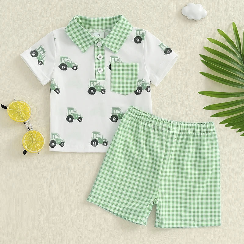 Adorable Infant Boy s Summer Ensemble featuring Cute Golf Print and Plaid Design Short Sleeve Shirt with Matching Shorts 2