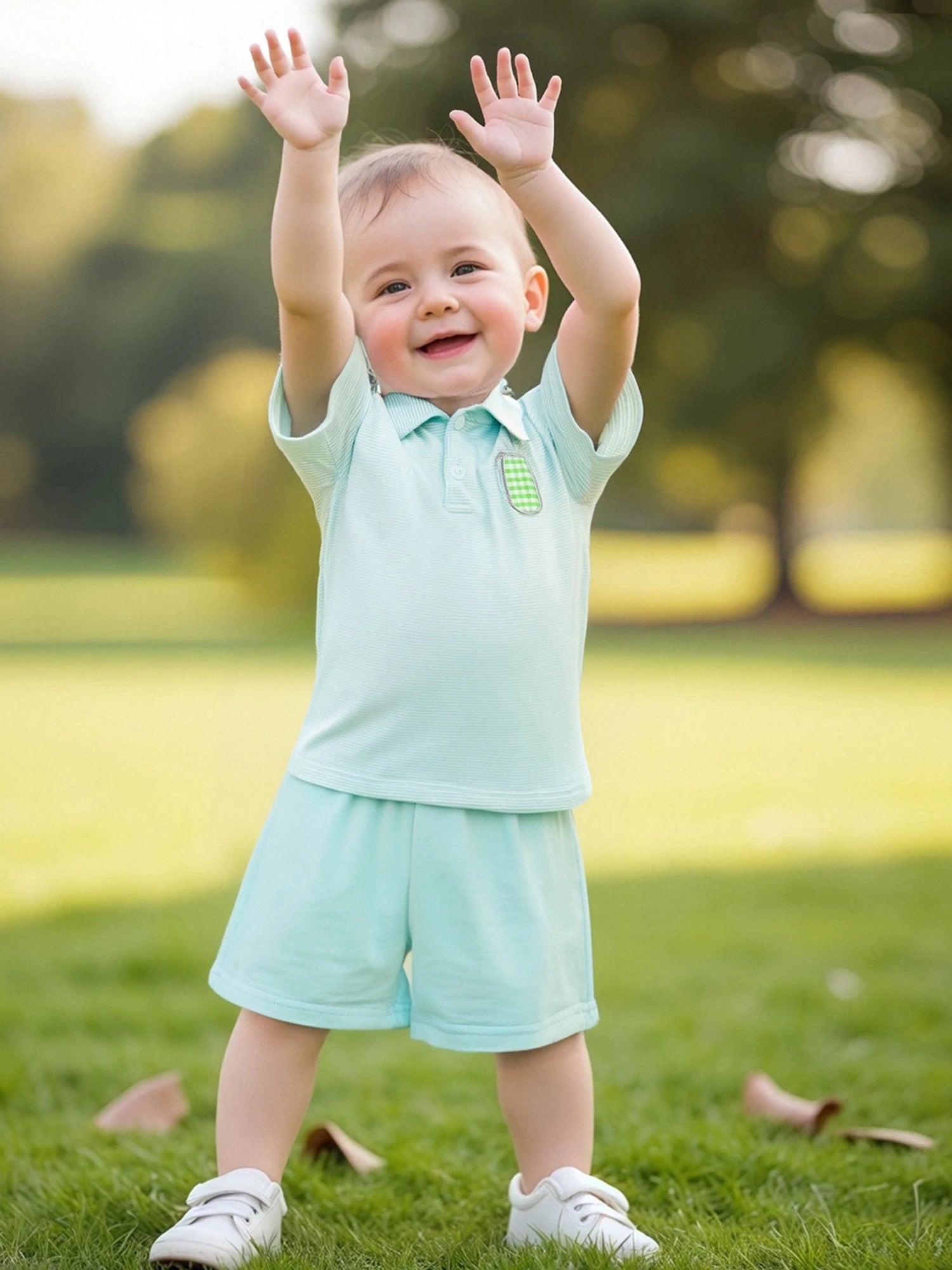 Adorable Infant Boy Golf Attire with Striped Collared Shirt and Elastic Waist Shorts - 2 Piece Summer Ensemble