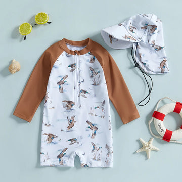 Baby Rash Guard Swimsuit with Hat 2 Pcs Set Floral Print Zip Up Long Sleeve Crew Neck Toddler Girls Swimwears