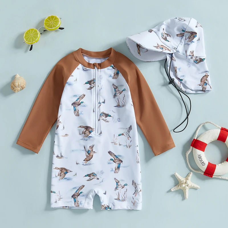 Baby Rash Guard Swimsuit with Hat 2 Pcs Set Floral Print Zip Up Long Sleeve Crew Neck Toddler Girls Swimwears