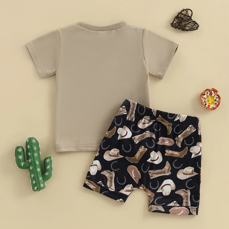Toddler Boys Cowboy Style Clothing Set with Graphic Tee and Printed Shorts Complete Outfit with Boots and Cap for Western
