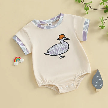 Cute Baby Boys Rompers with Bear Print and Button Closure Round Neck Short Sleeve Infant Bodysuits Jumpsuits