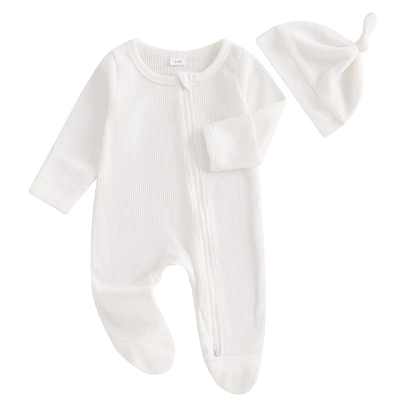 Infant Winter Warm Romper Solid Color Fleece Long Sleeve Hooded Zipper Jumpsuit with Mittens and Booties