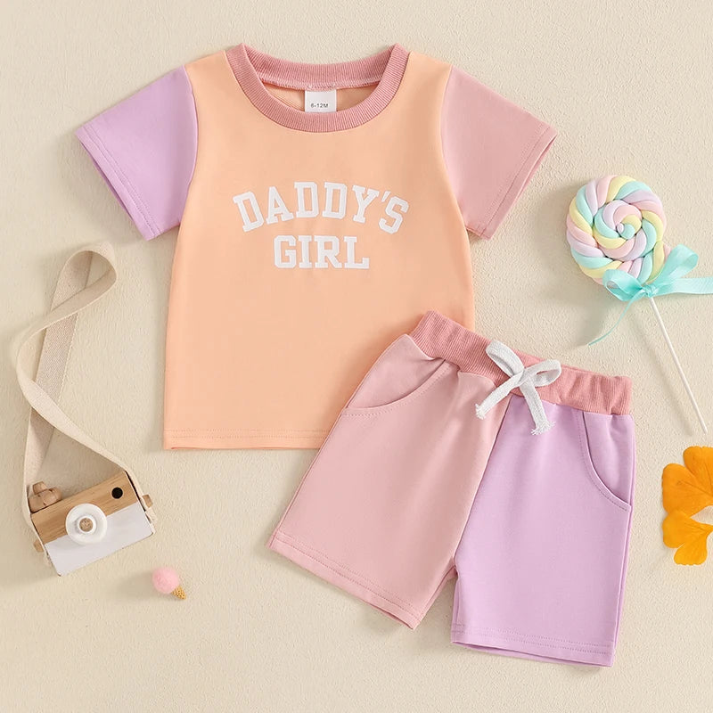 Infant Girl Summer Outfit Set with Cute Letter Print T-shirt and Elastic Waist Shorts for Toddler Girls - 2 Piece Contrast
