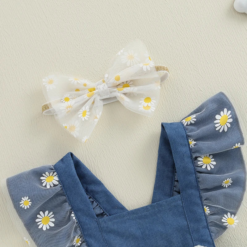 Toddler Girls Floral Print Sleeveless Romper Dress with Matching Headband Set for Summer Outfits and Photoshoots