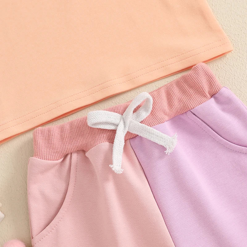 Infant Girl Summer Outfit Set with Cute Letter Print T-shirt and Elastic Waist Shorts for Toddler Girls - 2 Piece Contrast
