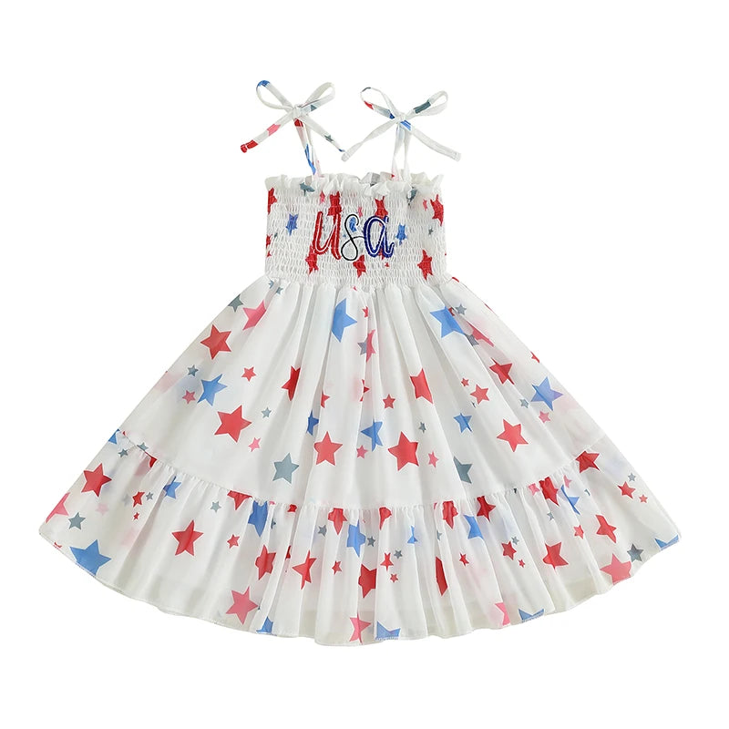 Adorable Baby Girls American Flag Dress Sleeveless Star Print Patriotic Dress with Tie-up Straps and Embroidered Letters for
