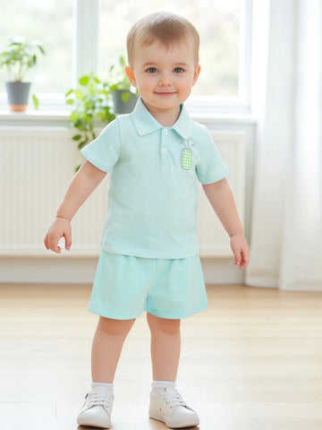 Adorable Infant Boy Golf Attire with Striped Collared Shirt and Elastic Waist Shorts - 2 Piece Summer Ensemble