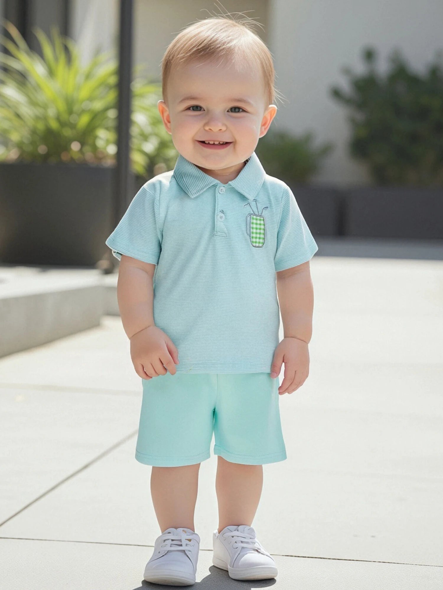 Adorable Infant Boy Golf Attire with Striped Collared Shirt and Elastic Waist Shorts - 2 Piece Summer Ensemble