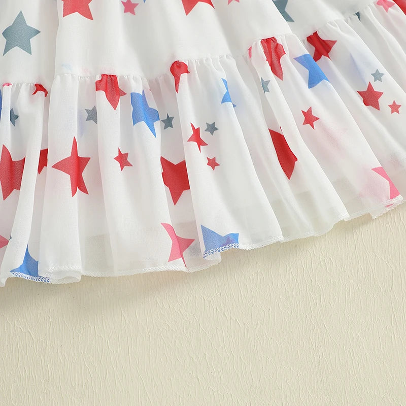 Adorable Baby Girls American Flag Dress Sleeveless Star Print Patriotic Dress with Tie-up Straps and Embroidered Letters for