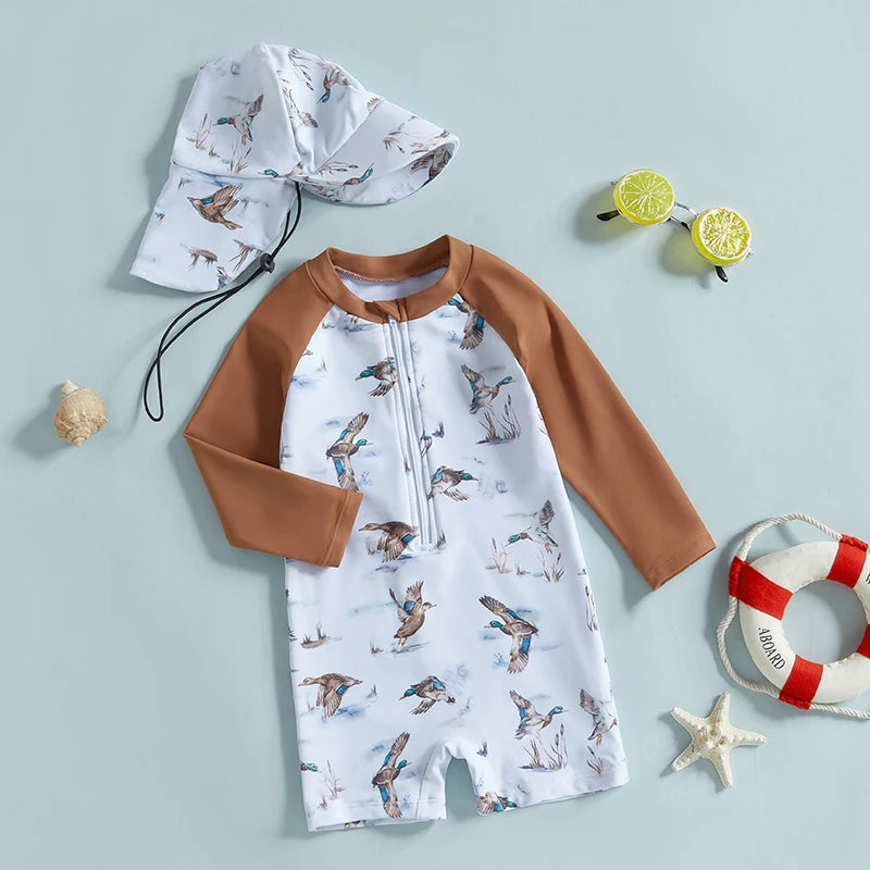 Baby Rash Guard Swimsuit with Hat 2 Pcs Set Floral Print Zip Up Long Sleeve Crew Neck Toddler Girls Swimwears